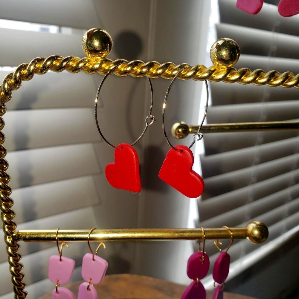 Red Clay Heart on a Silver Hoop Dangle Earring (Valentine's Day)